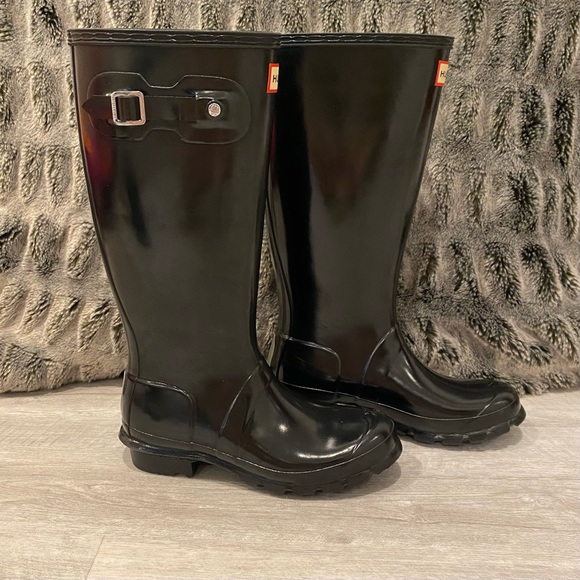 EXCELLENT Condition Kids Hunter Tall Rain Boots Black Gloss Reflective - Picture 4 of 14